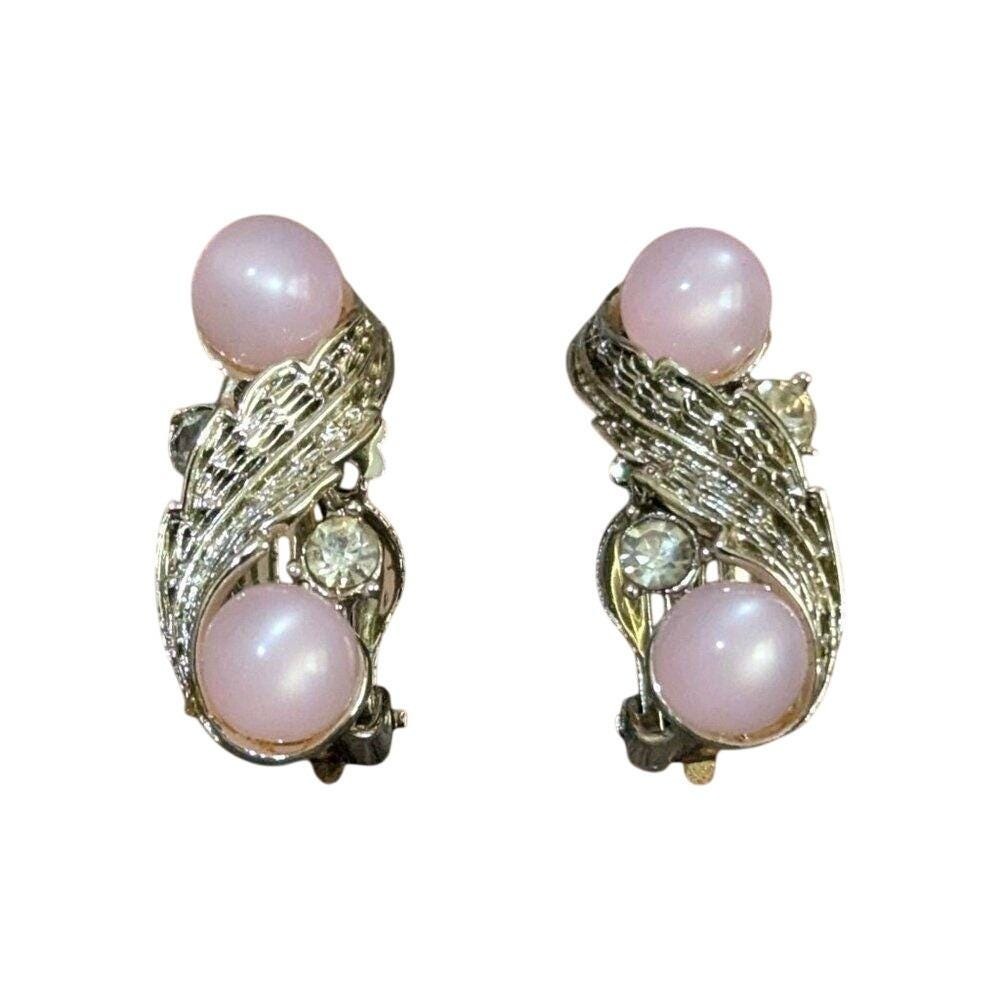 Vintage Gold Tone Pink Faux Pearl and Rhinestone Leaf Clip‎ On Earrings
